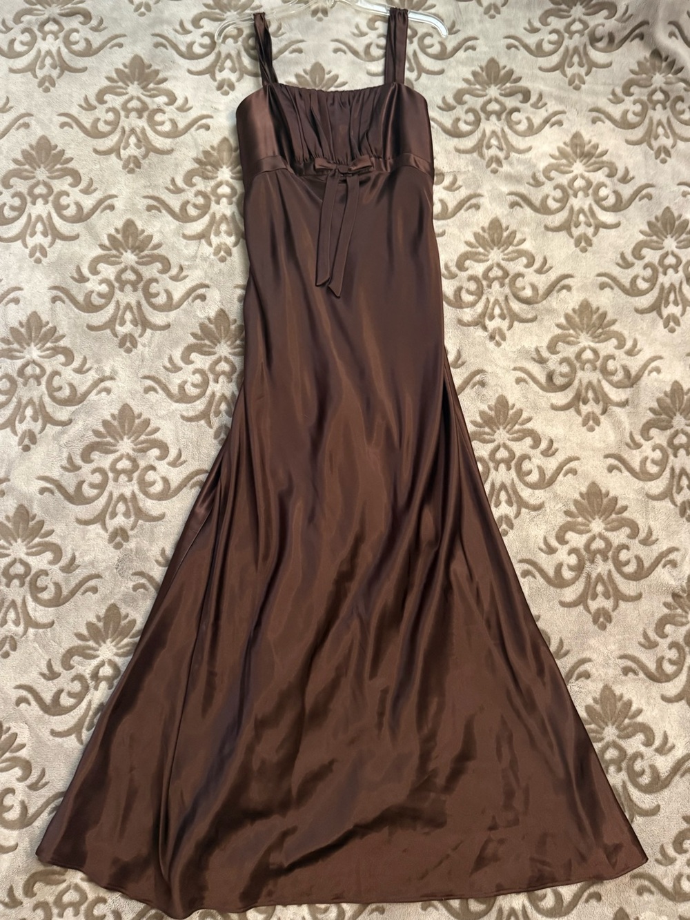 Jessica McClintock Chocolate Brown Satin Maxi Dress with Tie